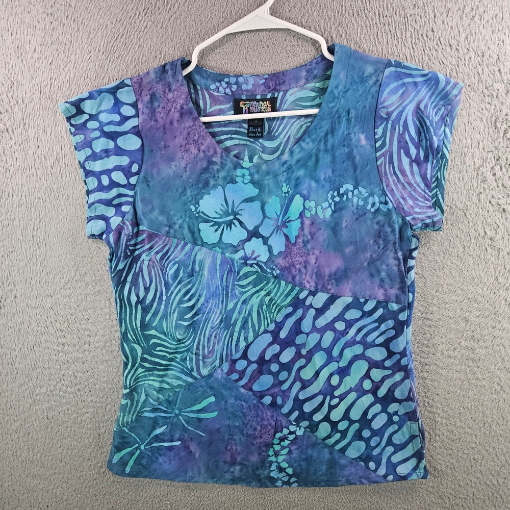 Tropical Tantrum Hawaii Batik Top Womens Small Blue Purple Hand Painted Rayon